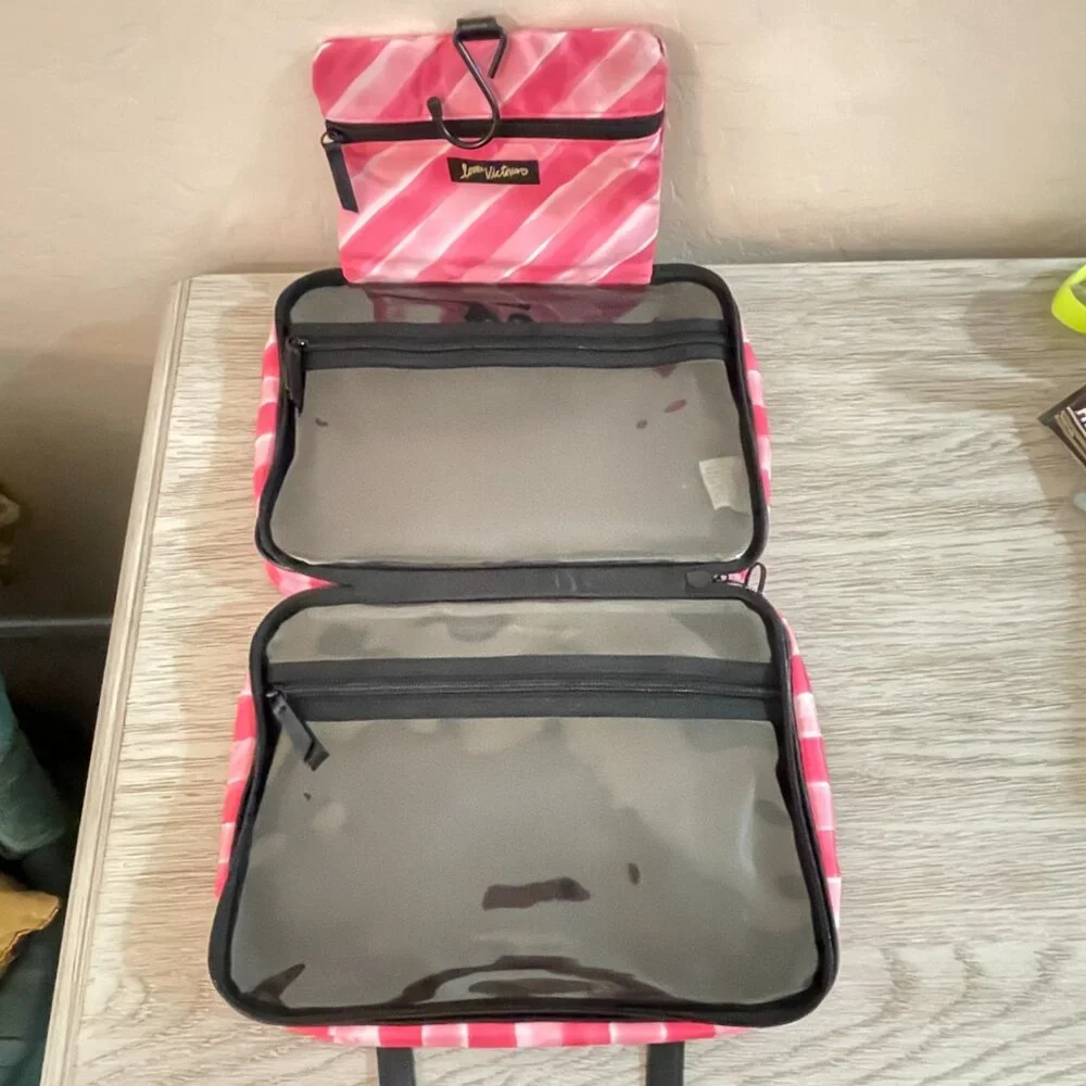 Victoria's Secret Makeup Cosmetic Accessory Bag Pink Stripe 3 Section Bag Hanger